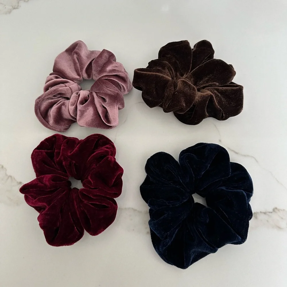 4 Beautiful velvet hair scrunchies pony holders. New!! Gorgeous colors